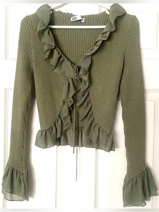 Zara Tops - Zara Olive Green Ruffle Tie Front Cardigan Bell Sleeve Fairycore Top S